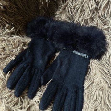 Перчатки синие из шерсти с мехом