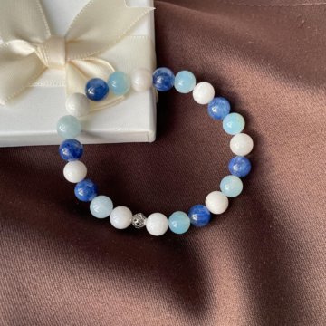Браслет из кианита, лунного камня и голубого агата (размер бусин 8мм)