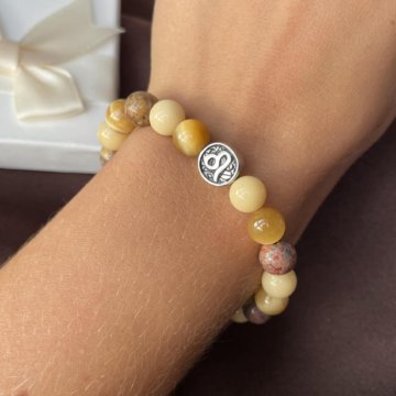 Браслет «Лев» из желтого нефрита, тигрового глаза, яшмы