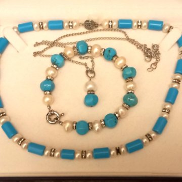 Бусы + браслет + кулон из бирюзы с жемчугом Новые