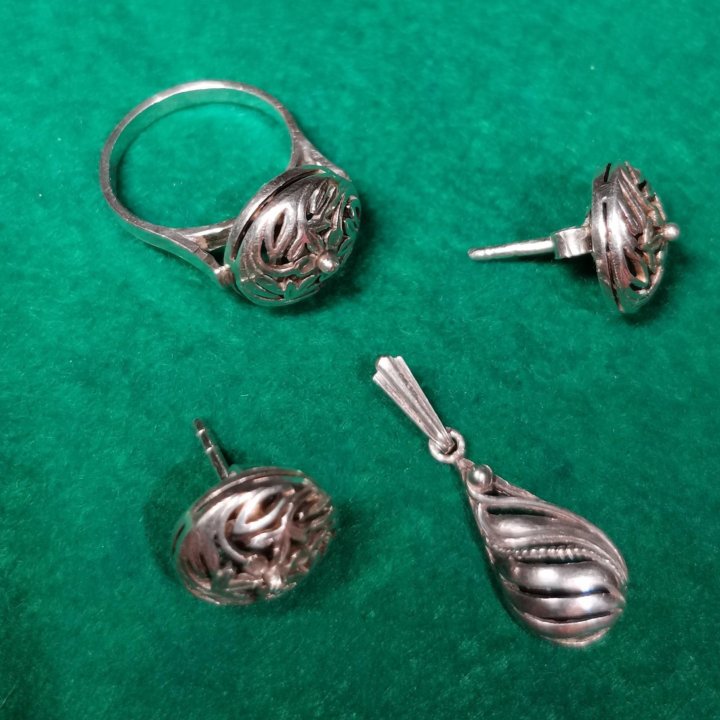 Кольцо, серьги, кулон серебро Монголия объёмные
