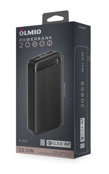 Внешний аккумулятор Olmio P-20 20000mAh 20W PD, QC, LCD, Черный