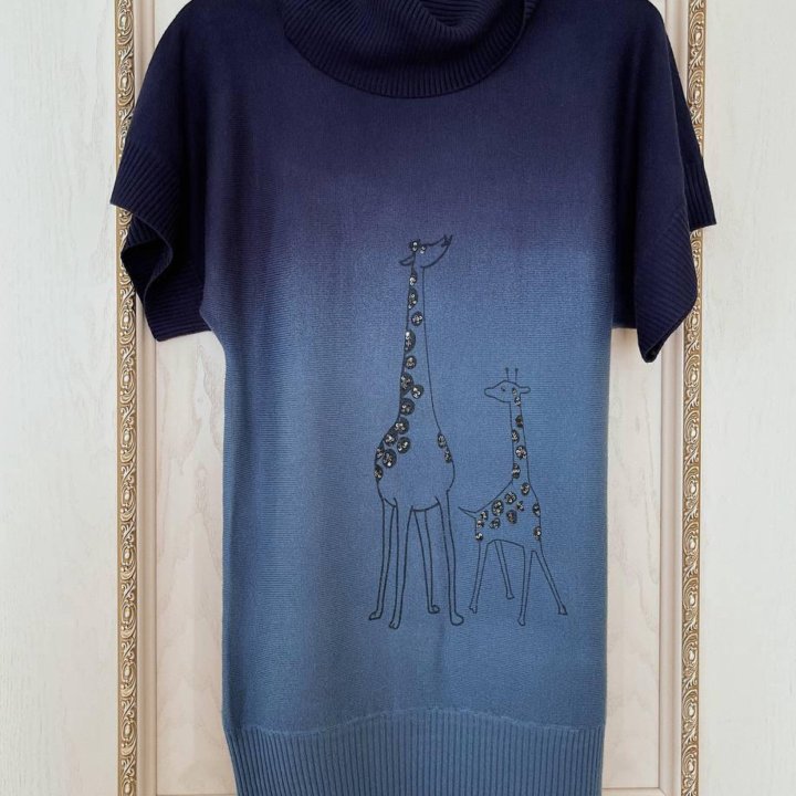 Синее вязаное платье туника с жирафами 44 46