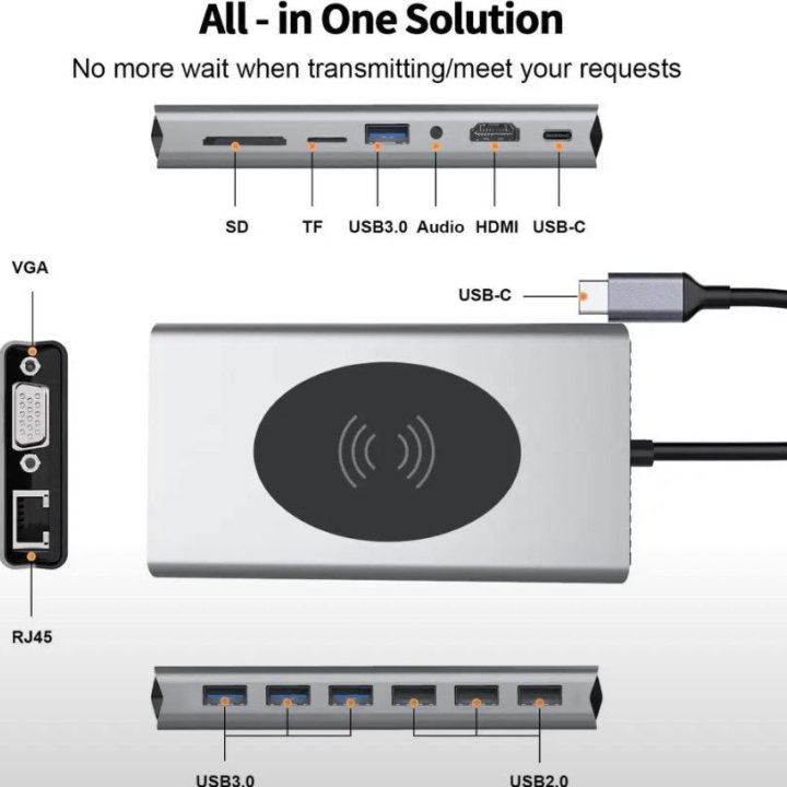 Хаб, переходник, USB-3, HDMI, VGA, RJ45, Tupe-C