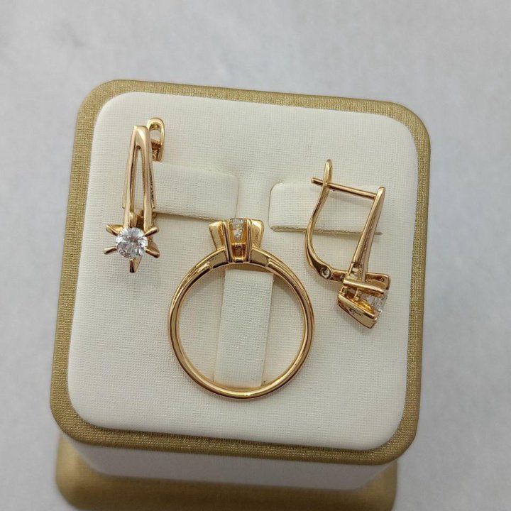 Комплект серьги и кольцо позолоченный мед золото