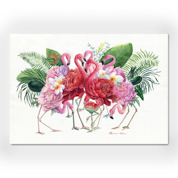 Картина фламинго акварелью. Райские птицы пионы