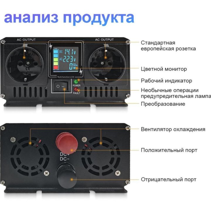 Инвертор напряжения 12В - 220В 4000Вт Чистый синус