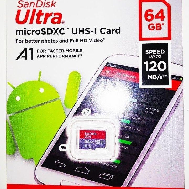 Новая карта памяти Micro SD 64Gb SanDisk Ultra