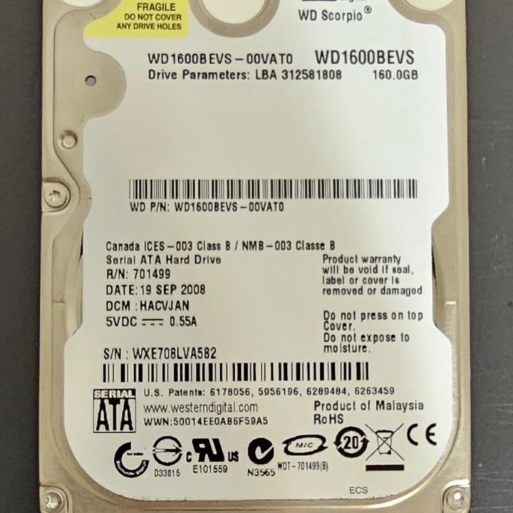 Жёсткий диск HDD 2.5 WD 160 Гб WD1600bevs