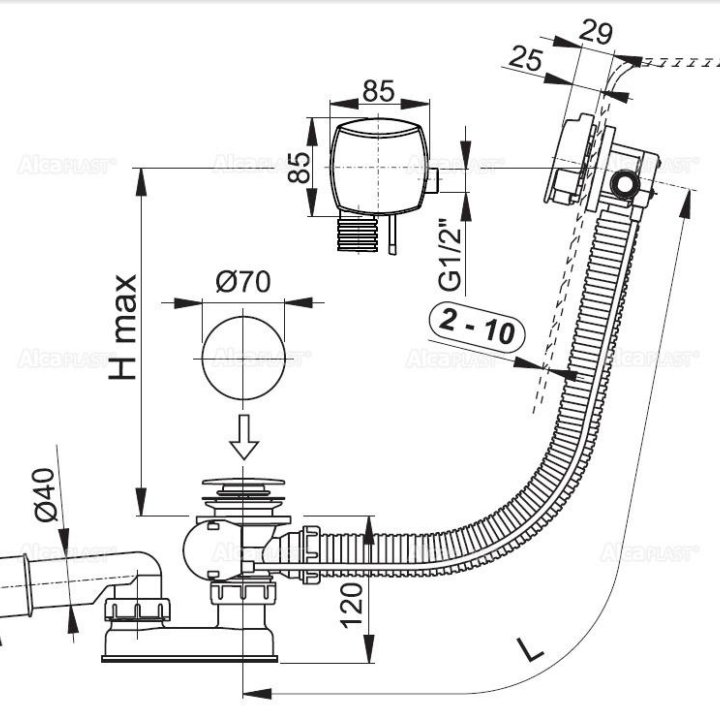 Сифон для ванны с напуском воды AlcaPlast A564KM1