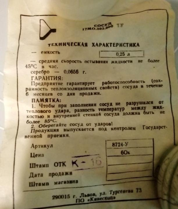 Колба для термоса 0,25 литра