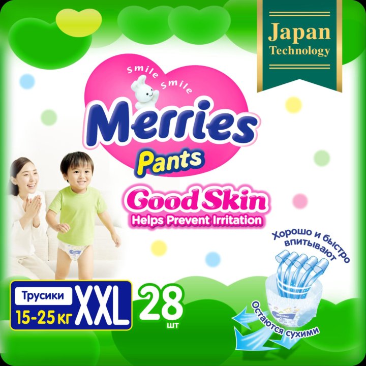 Подгузники-трусики Merries Good Skin XXL, 15-25 кг