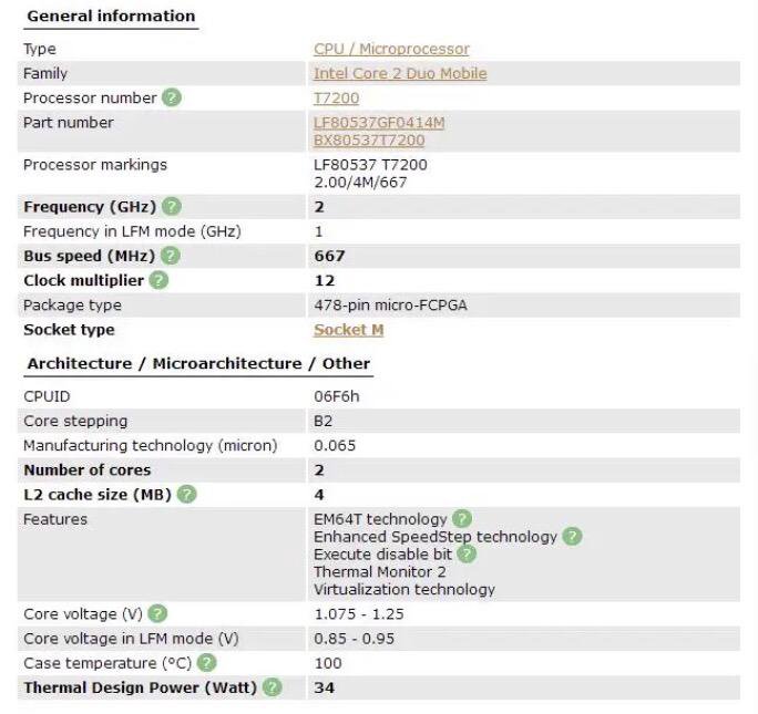 Процессор Intel Core 2 Duo T7200, разъем 479