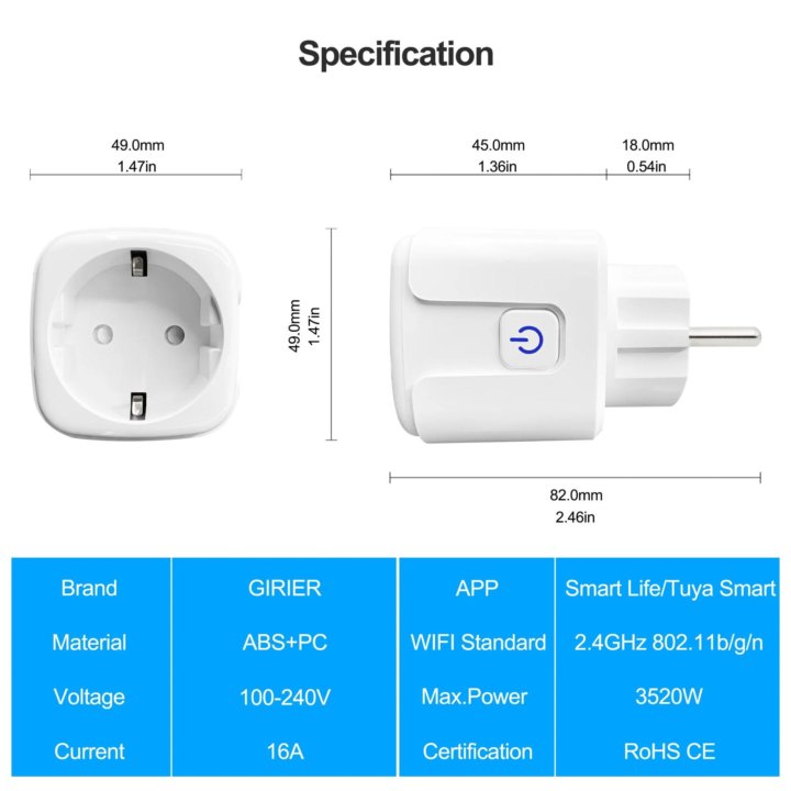 Умная розетка с Wi-Fi с монитором питания 16 А