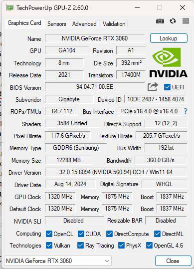 Видеокарта gigabyte RTX 3060 12GB gaming OC