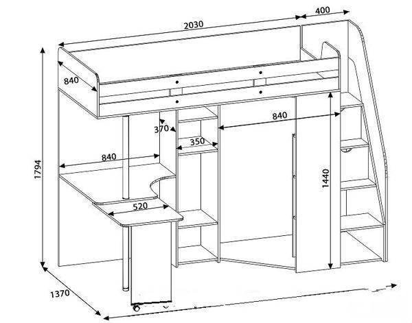 Кровать чердак со столом и шкафом для одежды схема сборки