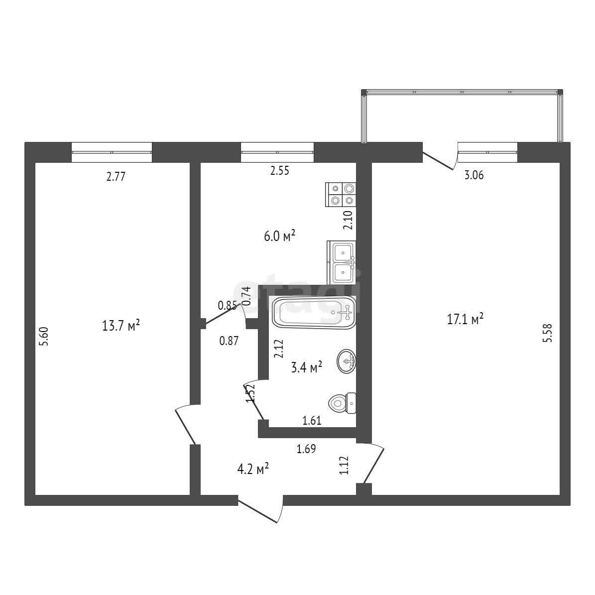Квартира, 2 комнаты, 44.4 м²